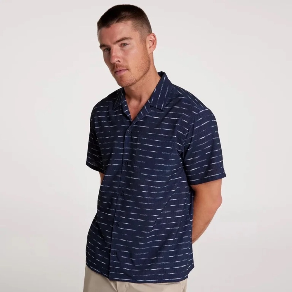 Short-Sleeve Navy Patterned Button-Down Shirt NWT - image 1